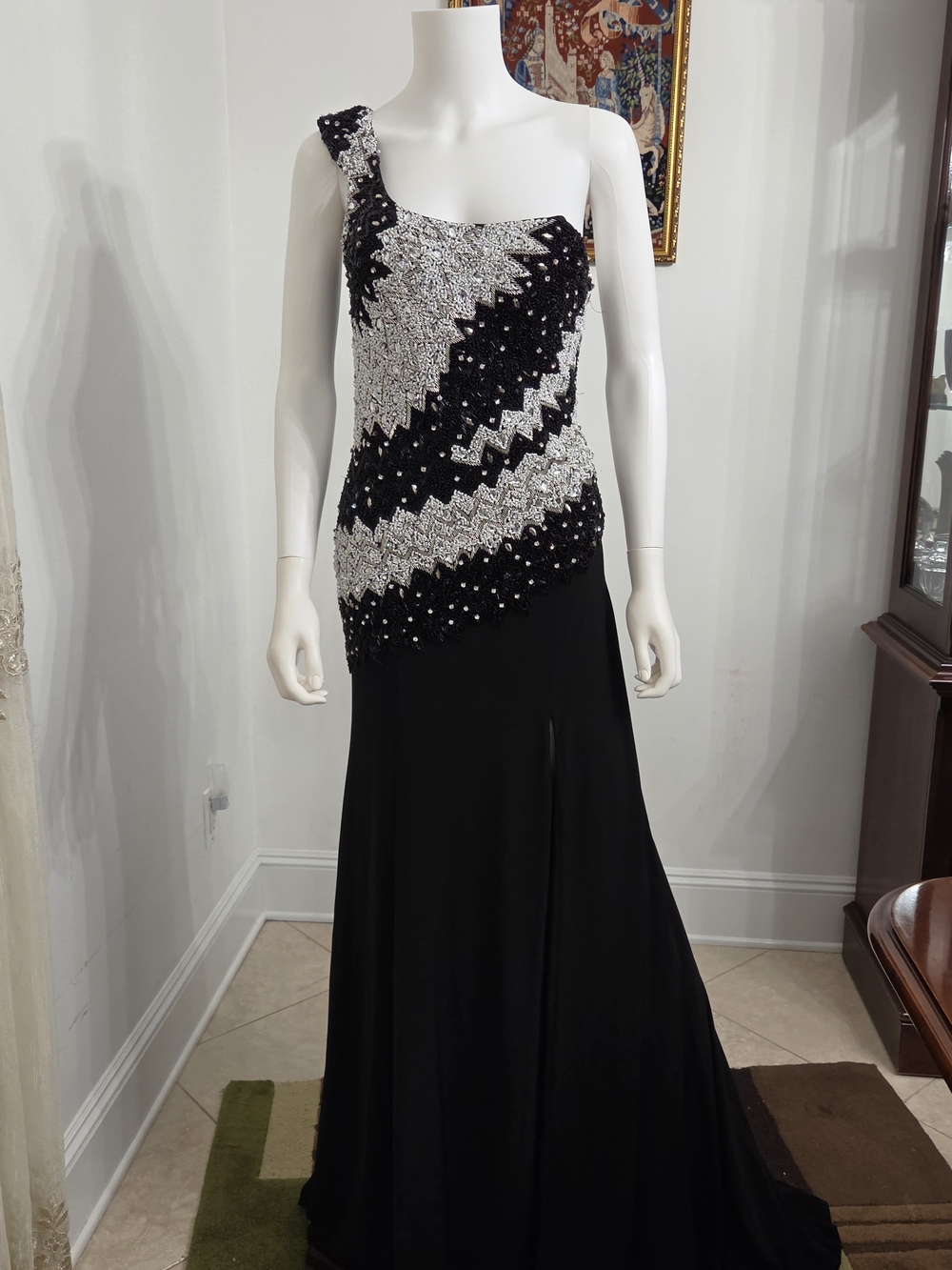 Terani Couture Black and Silver One-Shoulder Beaded Gown